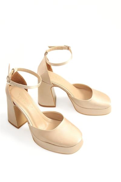 Kadın Bride Gelin Nikah Düğün Ayakkabısı Tek Bantlı Bej Saten Platform Topuklu Abiye Ayakkabı