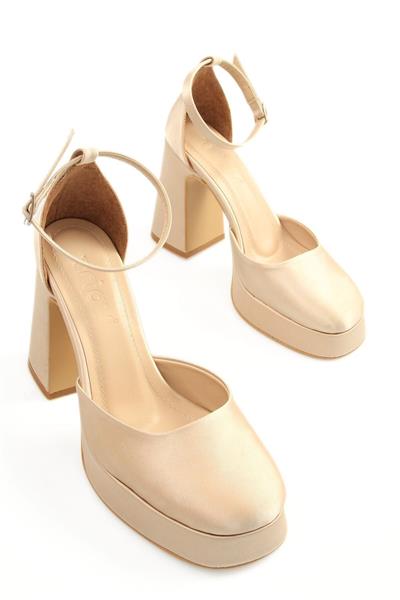 Kadın Bride Gelin Nikah Düğün Ayakkabısı Tek Bantlı Bej Saten Platform Topuklu Abiye Ayakkabı