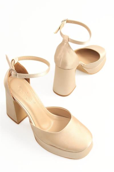 Kadın Bride Gelin Nikah Düğün Ayakkabısı Tek Bantlı Bej Saten Platform Topuklu Abiye Ayakkabı