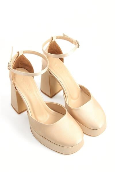 Kadın Bride Gelin Nikah Düğün Ayakkabısı Tek Bantlı Bej Saten Platform Topuklu Abiye Ayakkabı