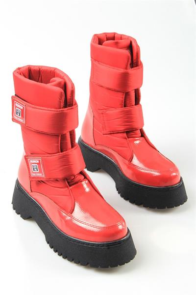 Kadın Cırt Cırt Detaylı Kalın Taban Paraşüt Kumaş Kırmızı Kar Botu
