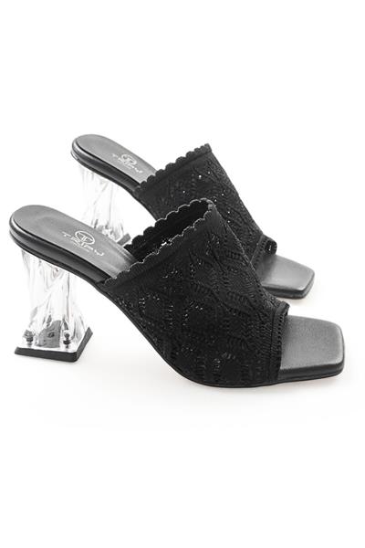 Kadın Desenli Triko Örme Küt Burun Şeffaf Topuklu Terlik Jiye