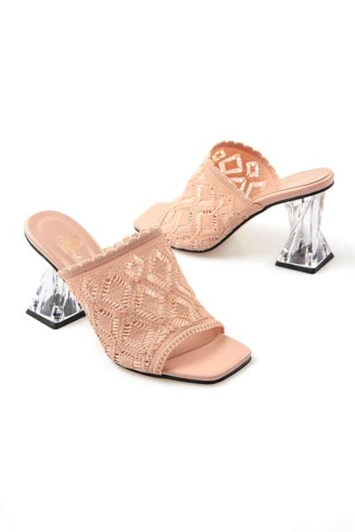 Kadın Desenli Triko Örme Küt Burun Şeffaf Topuklu Terlik Jiye