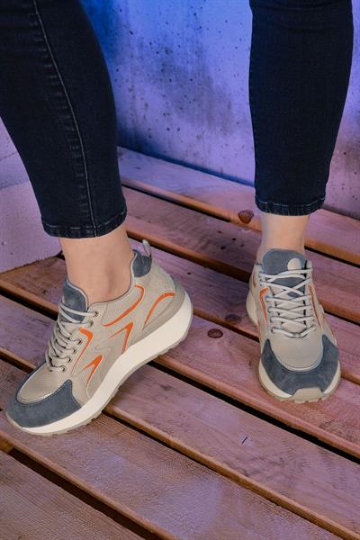 Kadın Kalın Taban Bağcıklı Mavi Renk Detaylı Günlük Sneaker Ayakkabı