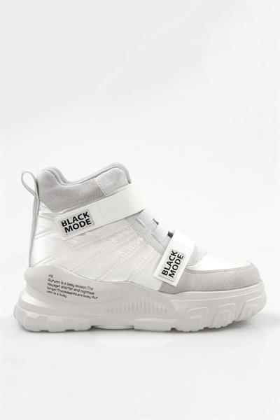 Kadın Kalın Taban Cırt Cırtlı Simli Yazılı Beyaz Spor Bot