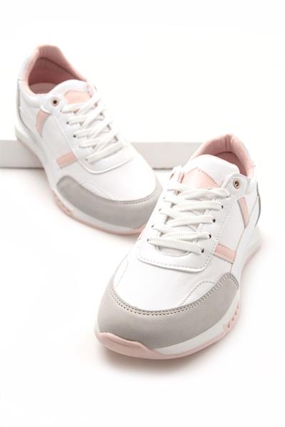Kadın Şerit Detaylı Bağcıklı Beyaz Sneaker Ayakkabı
