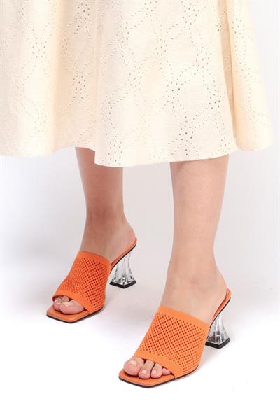 Kadın Turuncu Triko Kumaş Şeffaf Topuklu Terlik