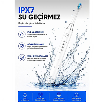 AMF13 Beyaz Şarjlı Elektrikli Diş Fırçası 5 Modlu IPX7 Su Geçirmez 4 Yedek Başlıklı Set 