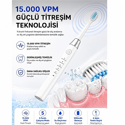 AMF13 Beyaz Şarjlı Elektrikli Diş Fırçası 5 Modlu IPX7 Su Geçirmez 4 Yedek Başlıklı Set 