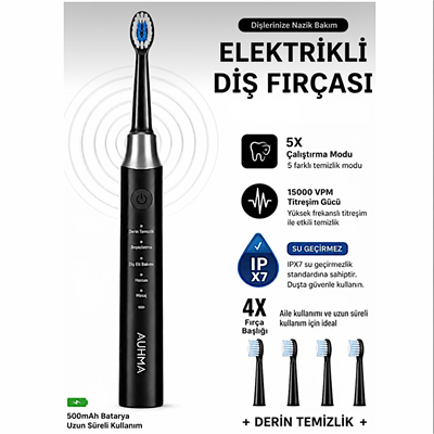 AMF13 Siyah Şarjlı Elektrikli Diş Fırçası 5 Modlu IPX7 Su Geçirmez 4 Yedek Başlıklı Set 