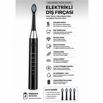 AMF13 Siyah Şarjlı Elektrikli Diş Fırçası 5 Modlu IPX7 Su Geçirmez 4 Yedek Başlıklı Set 