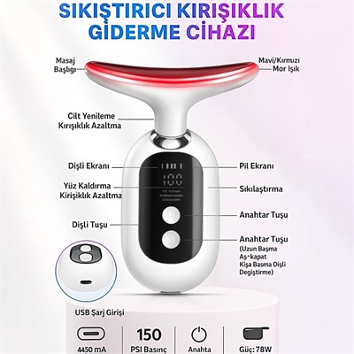 Auhma AHB-02 Yüz Boyun Sıkılaştırma  Cilt Gençleştirme Bakım Cihazı  Mavi Kırmızı Mor Led Işıklı 