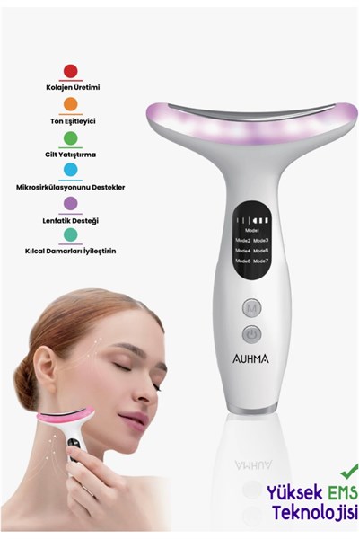 Auhma AHB-06 Yüz Boyun Germe Cihazı & 7 Fonsiyonlu Işık Terapisi & Yüksek EMS Teknolojili Cilt Gençleştirme Bakım Cihazı 