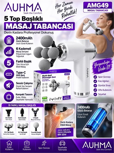 Auhma AMG49 2400MAH 6 Kademeli 5 Başlıklı Masaj Tabancası – Derin Kas Masaj Cihazı