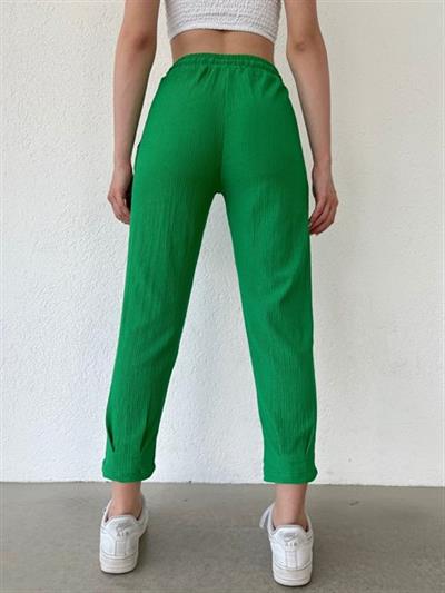 Beli Lastikli Paça Pensli Pantolon Yeşil