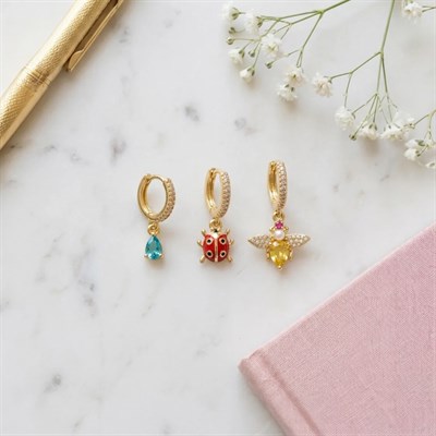Çelik 3`lü Küpe Set Arı Uğurböceği Mavi Taşlı Altın Renk 