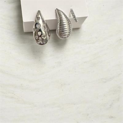 Çizgi ve Kalp Desenli Damla Zirkon Mini Halka 3 lü set Çelik Küpe Gümüş Renk 
