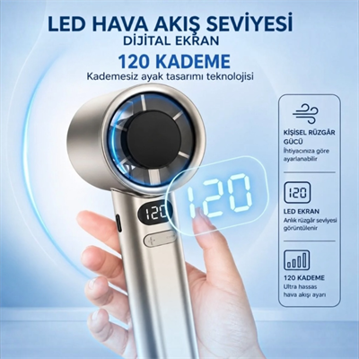 Dijital Göstergeli 14000 RPM Turbo Şarjlı El Fanı 5 Kademeli Taşınabilir Mini Vantilatör Cep Tipi Güçlü Soğutucu Gri Renk 