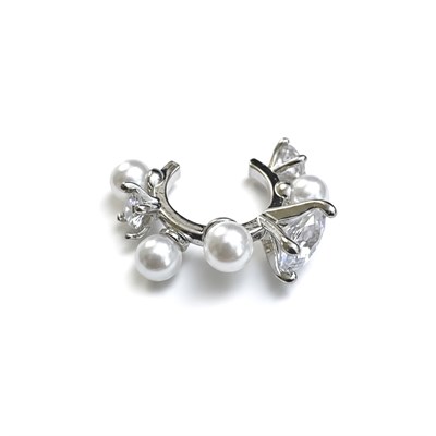 Earcuff Sıkıştırmalı Pirinç Kıkırdak Küpe İncili Taşlı Gümüş Renk         