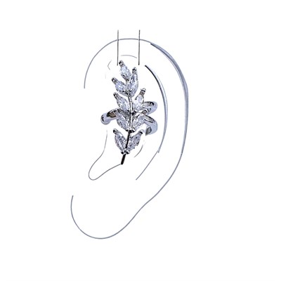 Earcuff Sıkıştırmalı Pirinç Kıkırdak Küpe Yaprak Detaylı Baget Taşlı  Gümüş Renk         