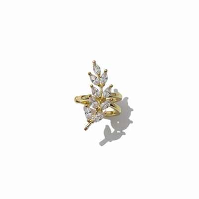 Earcuff Sıkıştırmalı Pirinç Kıkırdak Küpe Yaprak Detaylı Baget Taşlı Altın Renk         
