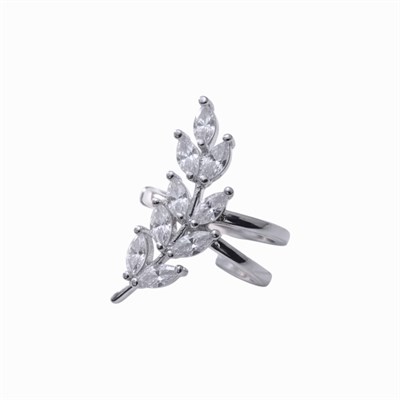 Earcuff Sıkıştırmalı Pirinç Kıkırdak Küpe Yaprak Detaylı Baget Taşlı  Gümüş Renk         