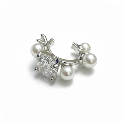 Earcuff Sıkıştırmalı Pirinç Kıkırdak Küpe İncili Taşlı Gümüş Renk         