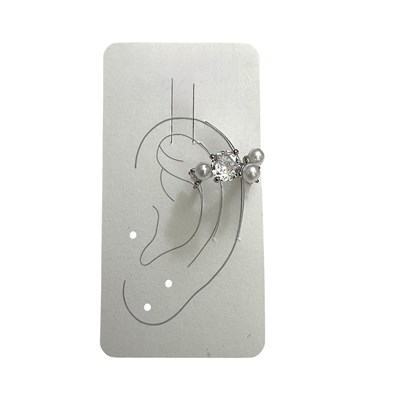 Earcuff Sıkıştırmalı Pirinç Kıkırdak Küpe İncili Taşlı Gümüş Renk         