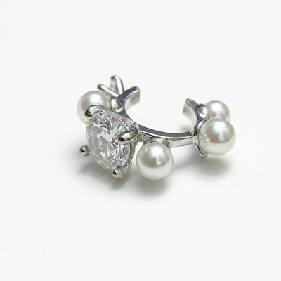 Earcuff Sıkıştırmalı Pirinç Kıkırdak Küpe İncili Taşlı Gümüş Renk         