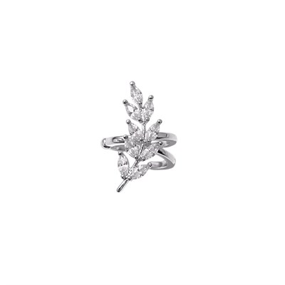 Earcuff Sıkıştırmalı Pirinç Kıkırdak Küpe Yaprak Detaylı Baget Taşlı  Gümüş Renk         
