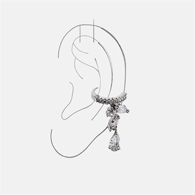 Earcuff Sıkıştırmalı Pirinç Kıkırdak Küpe Damla Kesim Baget Taş Sallantılı Gümüş Renk         
