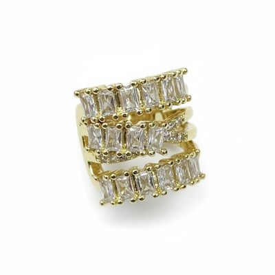 Earcuff Sıkıştırmalı Pirinç Kıkırdak Küpe Baget Taşlı Üç Sıralı Altın Renk         