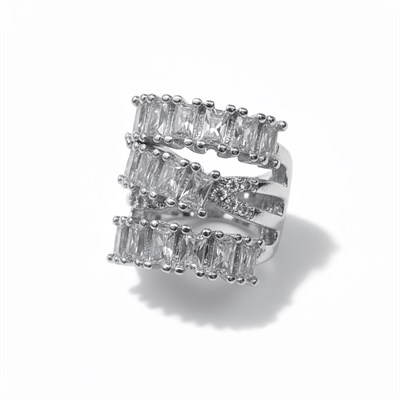 Earcuff Sıkıştırmalı Pirinç Kıkırdak Küpe Baget Taşlı Üç Sıralı Gümüş Renk         