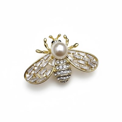 İnci Detaylı Arı Broş baget ve kristal taşlı Altın renk 