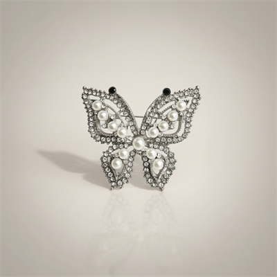 İnci Detaylı Butterfly Broş Kristal Taşlı Gümüş Renk 