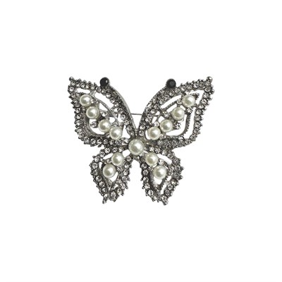 İnci Detaylı Butterfly Broş Kristal Taşlı Gümüş Renk 