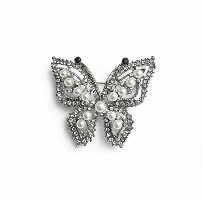 İnci Detaylı Butterfly Broş Kristal Taşlı Gümüş Renk 