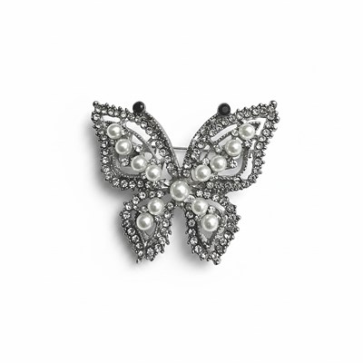 İnci Detaylı Butterfly Broş Kristal Taşlı Gümüş Renk 