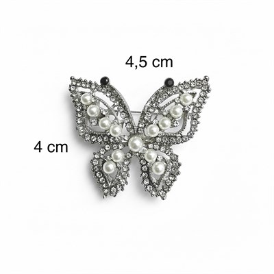 İnci Detaylı Butterfly Broş Kristal Taşlı Gümüş Renk 