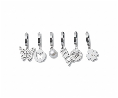 Kadın Çelik Luck Detaylı 6 Adet Küpe Set Gümüş Renk