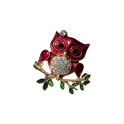 Kırmızı Baykuş Broş Zirkon Taşlı Dal Detaylı Gold Renk