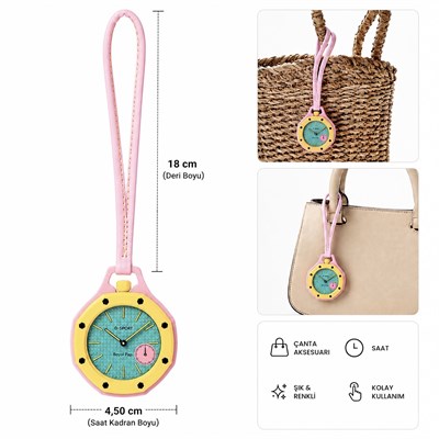 Lüks Saat Tasarımlı Çanta Aksesuarı Pembe Sarı 