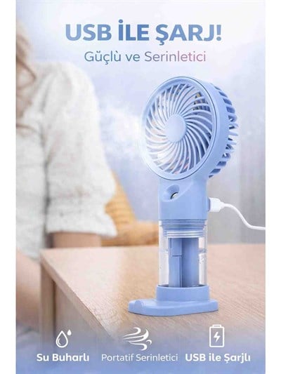 Mini Vantilatör Şarjl Edilebilir El Fanı Su Buharlı ,masaüstü ve Taşınabilir El Fanı,3 Hız Kademeli Mavi 