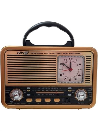 NS-8898 Nostaljik Analog Saatli Fm Radyo Bluetooth Hoparlör USB Tf Aux Mp3 Çalar