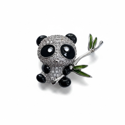 Panda Figürlü Broş Zirkon Taşlı Gümüş Renk 