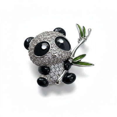 Panda Figürlü Broş Zirkon Taşlı Gümüş Renk 