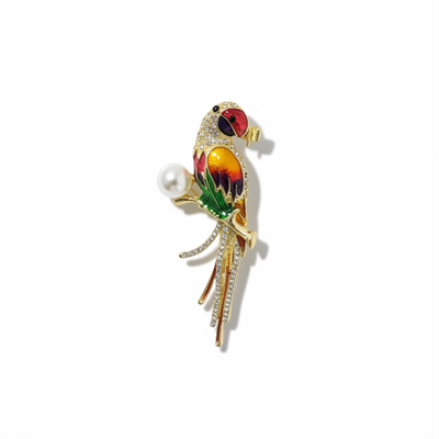 Papağan Broş(5 cm) Zirkon Taşlı İnci Detaylı Gold Renk