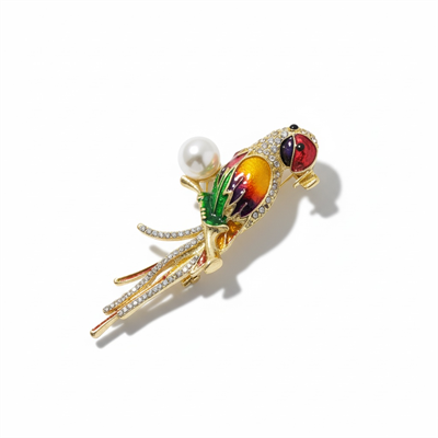 Papağan Broş(5 cm) Zirkon Taşlı İnci Detaylı Gold Renk