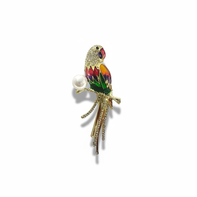 Papağan Broş(5 cm) Zirkon Taşlı İnci Detaylı Gold Renk