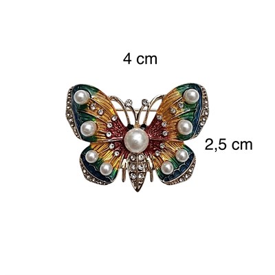 Renkli İnci Detaylı Kelebek Broş Taşlı Altın Renk 